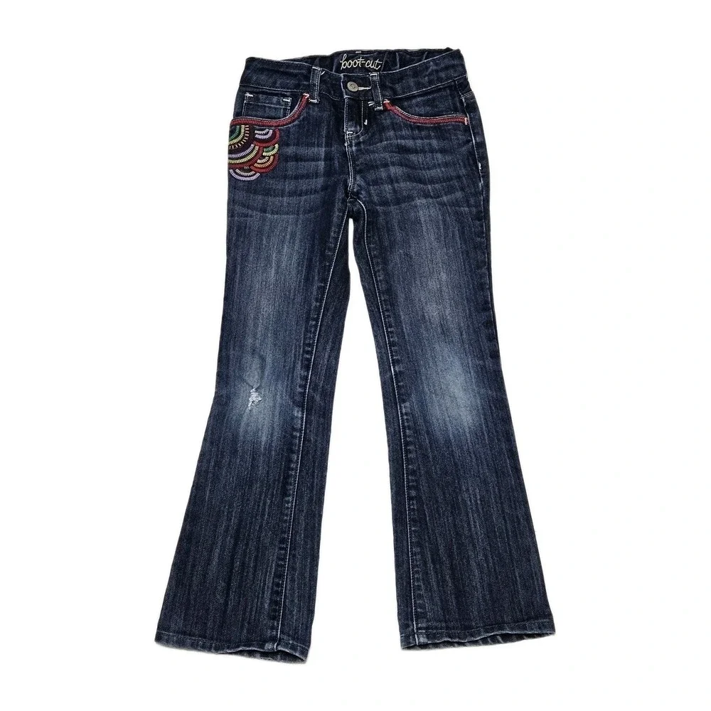 Old Navy Bootcut Jeans Girls 7‎ Blue Rainbow Embroidered Dark Wash Stretch Boho